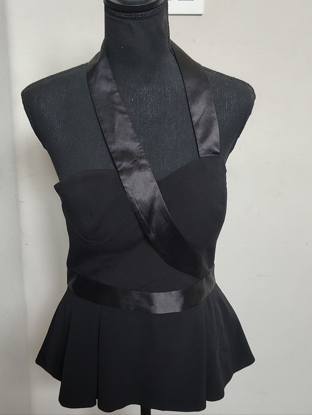 VENUS Black Satin-Trim Halter Peplum Top Size 8